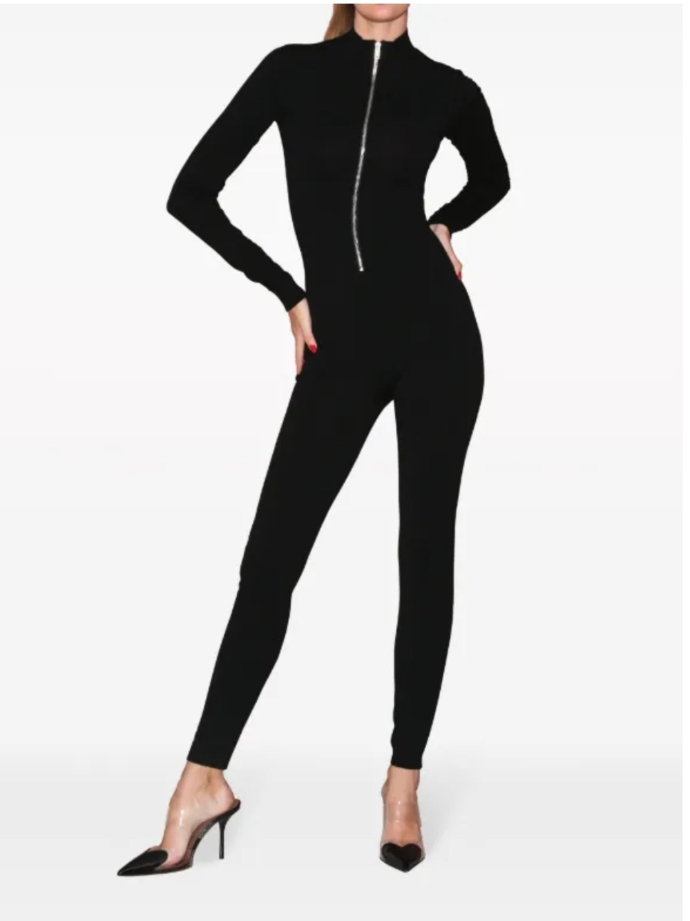 Long-Sleeve Black Zip-Front Knit Jumpsuit